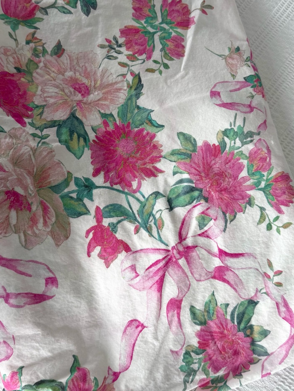 LoveShackFancy White Pink & Green Floral Ribbon Crib Sheet - Picture 2 of 3